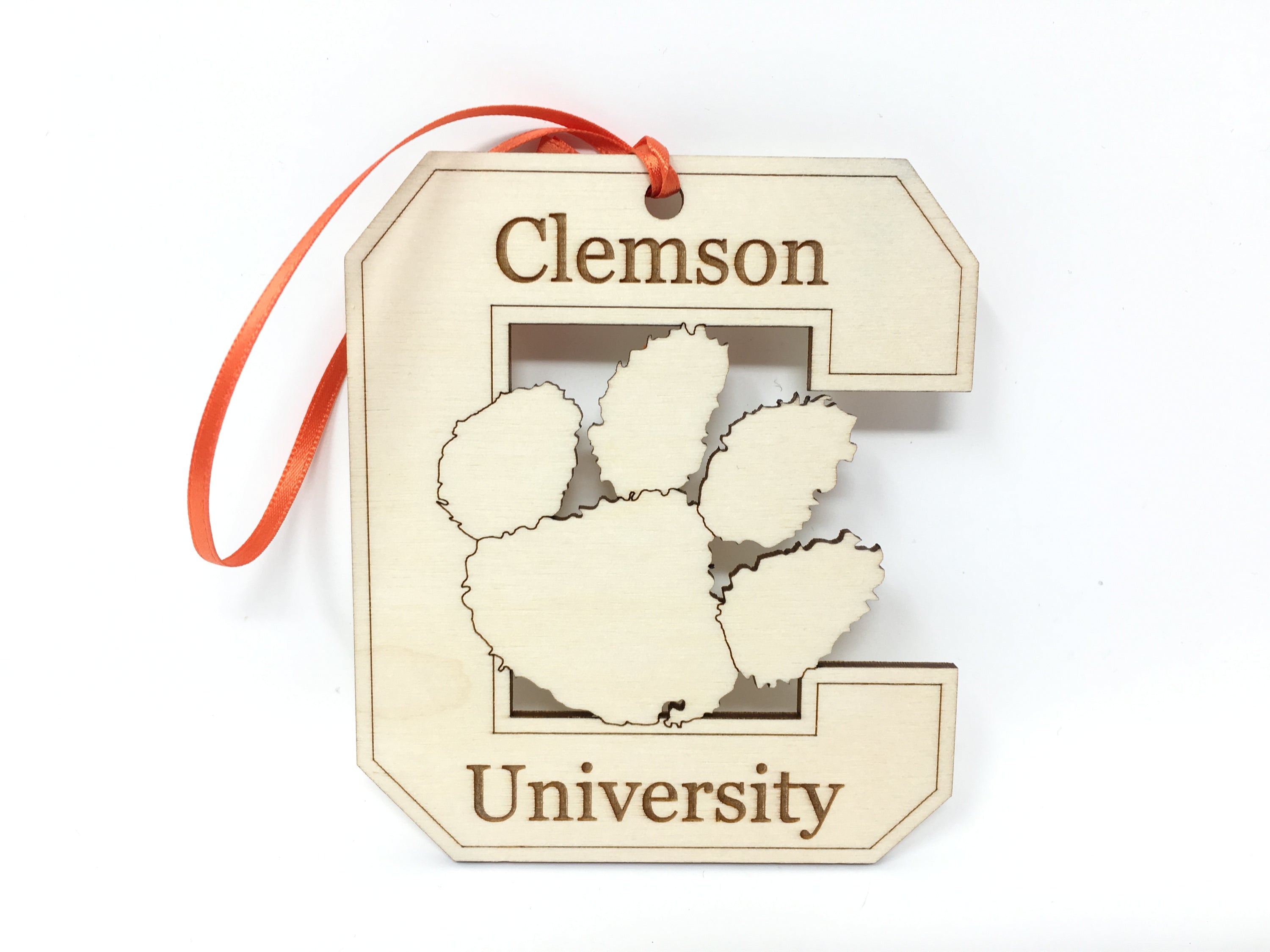 Handcrafted Clemson University Wood 'C' Ornament made of birch wood, measuring 4 inches by 4 inches, elegantly displayed in a premium cotton-filled box.